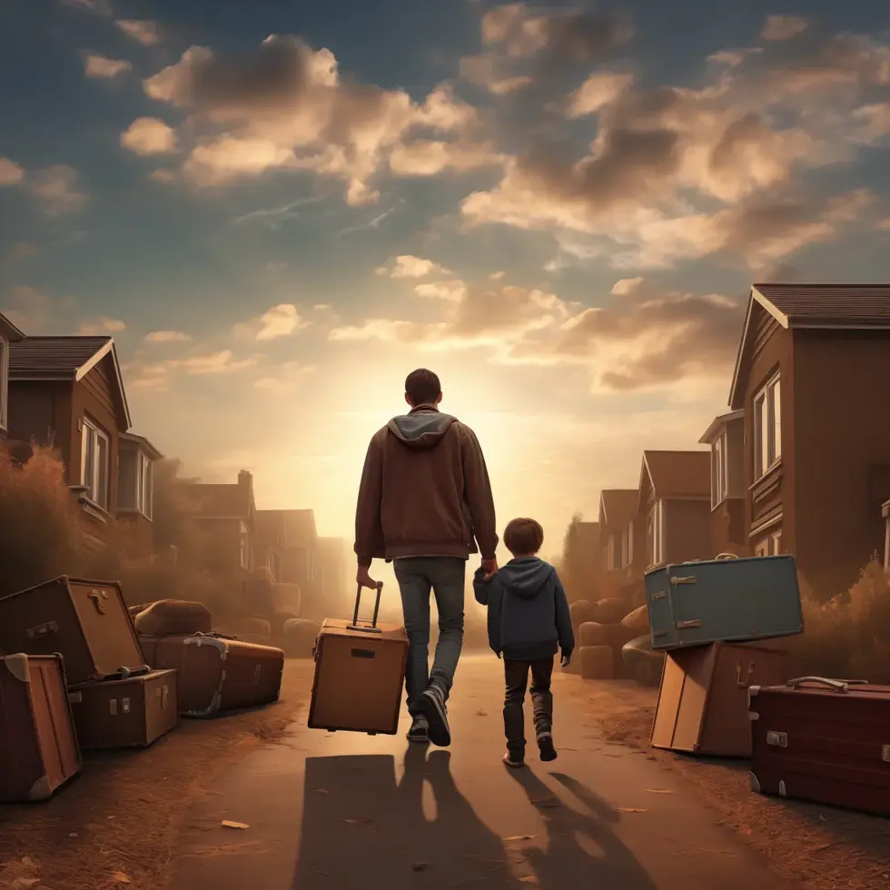 father and son walking away from home with out suitcase